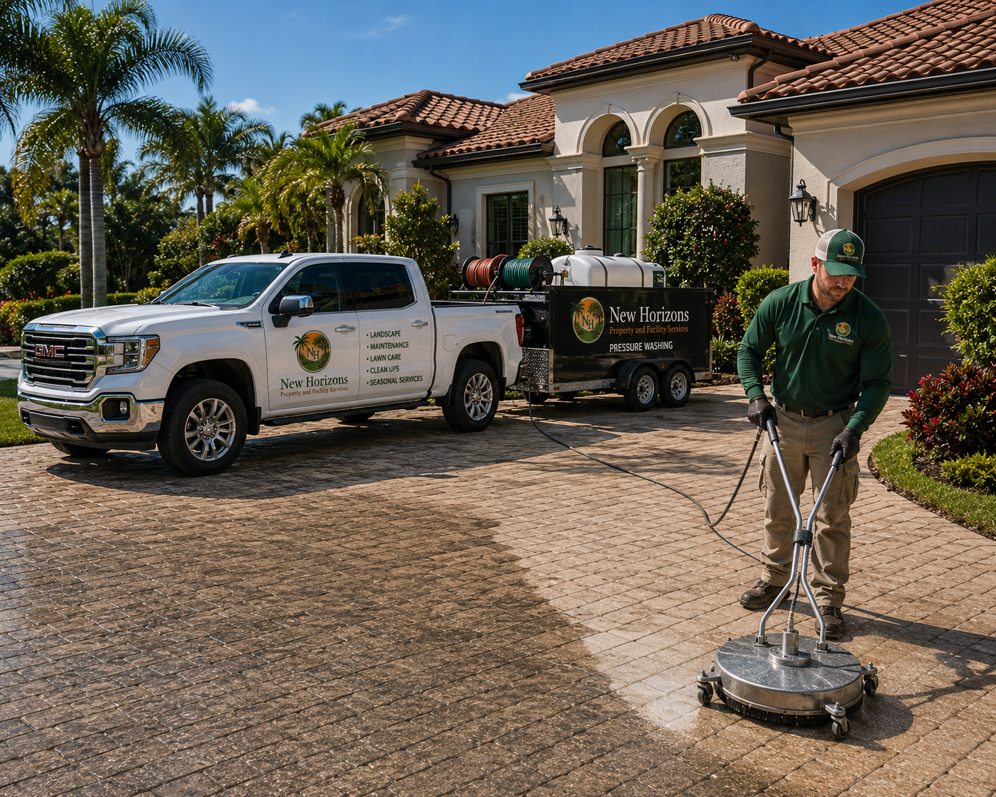 New Horizons pressure washing crew cleaning a paver driveway at a Sarasota home
